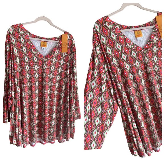 NWT Ruby Rd. Ladies V Neck Pink Abstract 3/4 Sleeve BOHO Stretchy Blouse SZ 4X - Picture 1 of 7